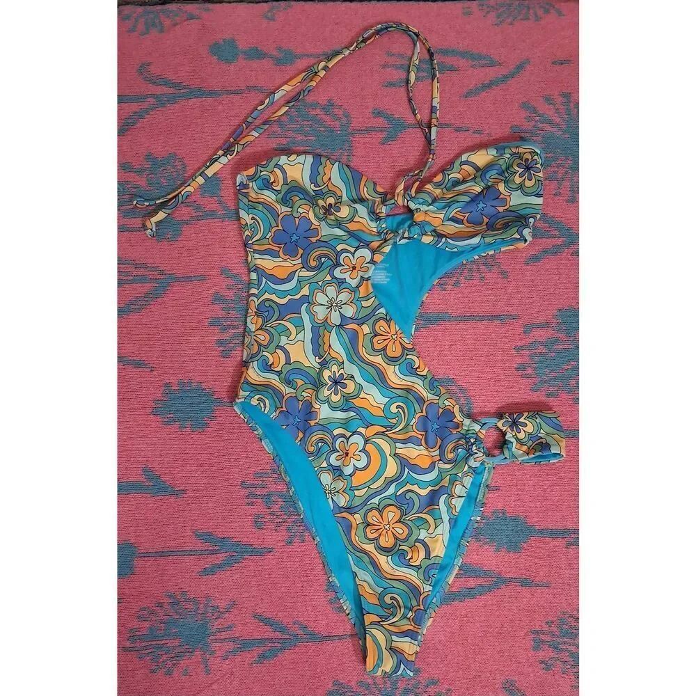 La hearts womens small one piece swimsuit handkerchief print papaya blue